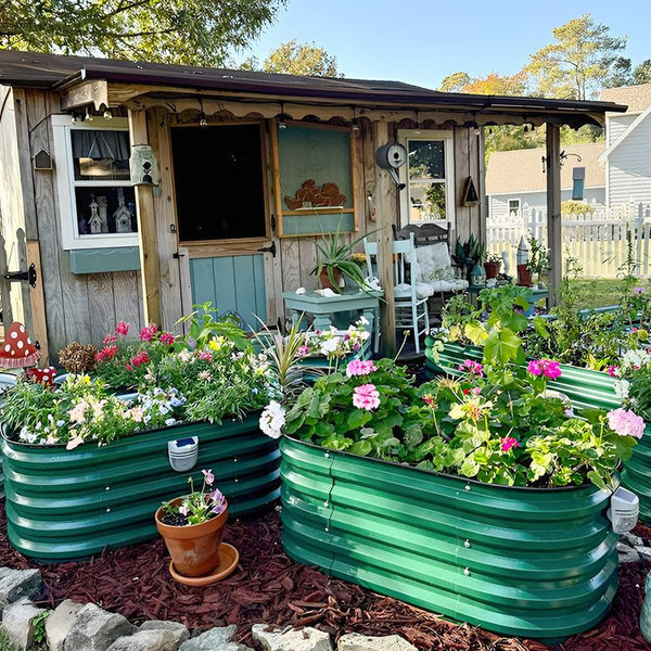 corrugated raised garden beds grow various flowers