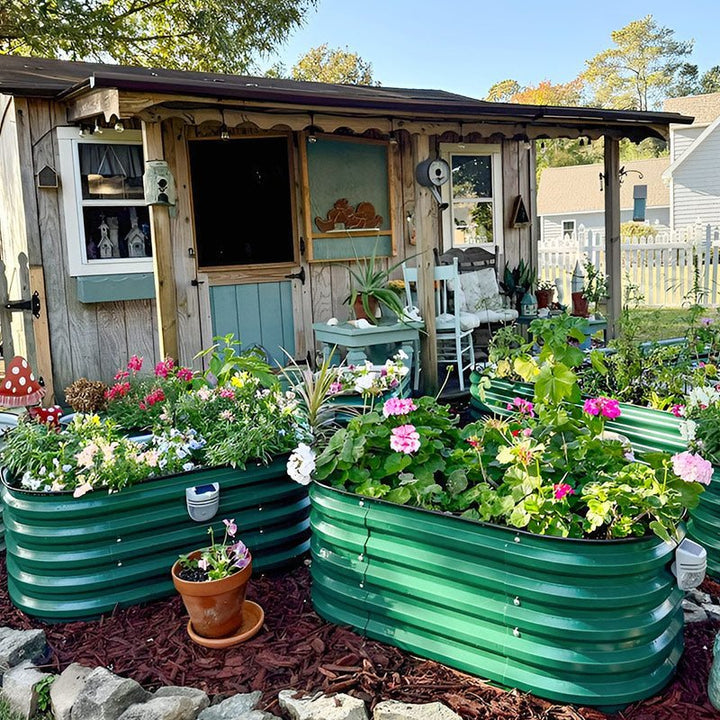 corrugated raised garden beds grow various flowers