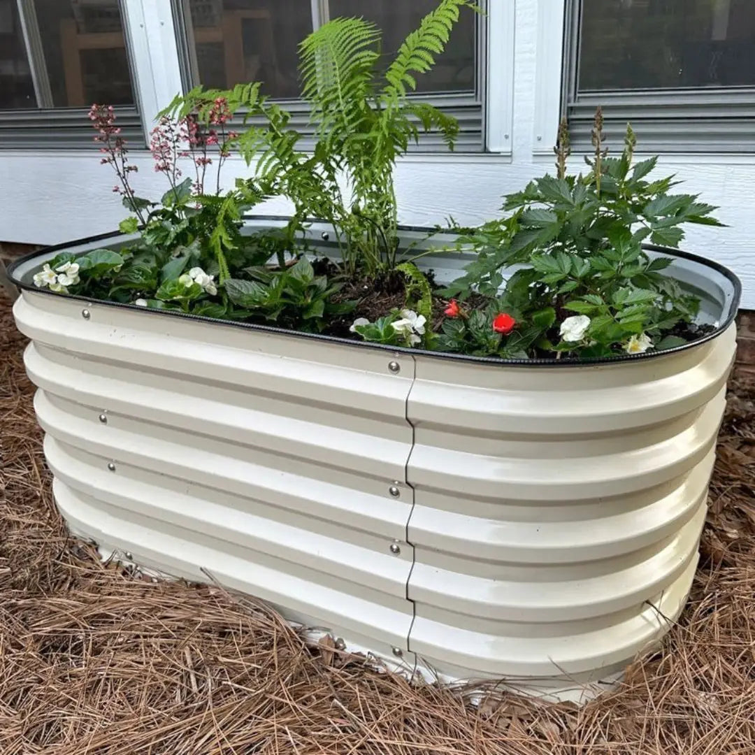 corrugated raised garden bed growing with flowers-Vegega