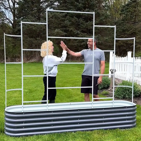 wall trellis installed on a 8x2 metal garden bed